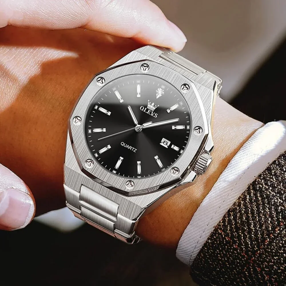 Olevs Men's Silver-Black Stain Steel Analog Luminous Waterproof Easy Wear Watch